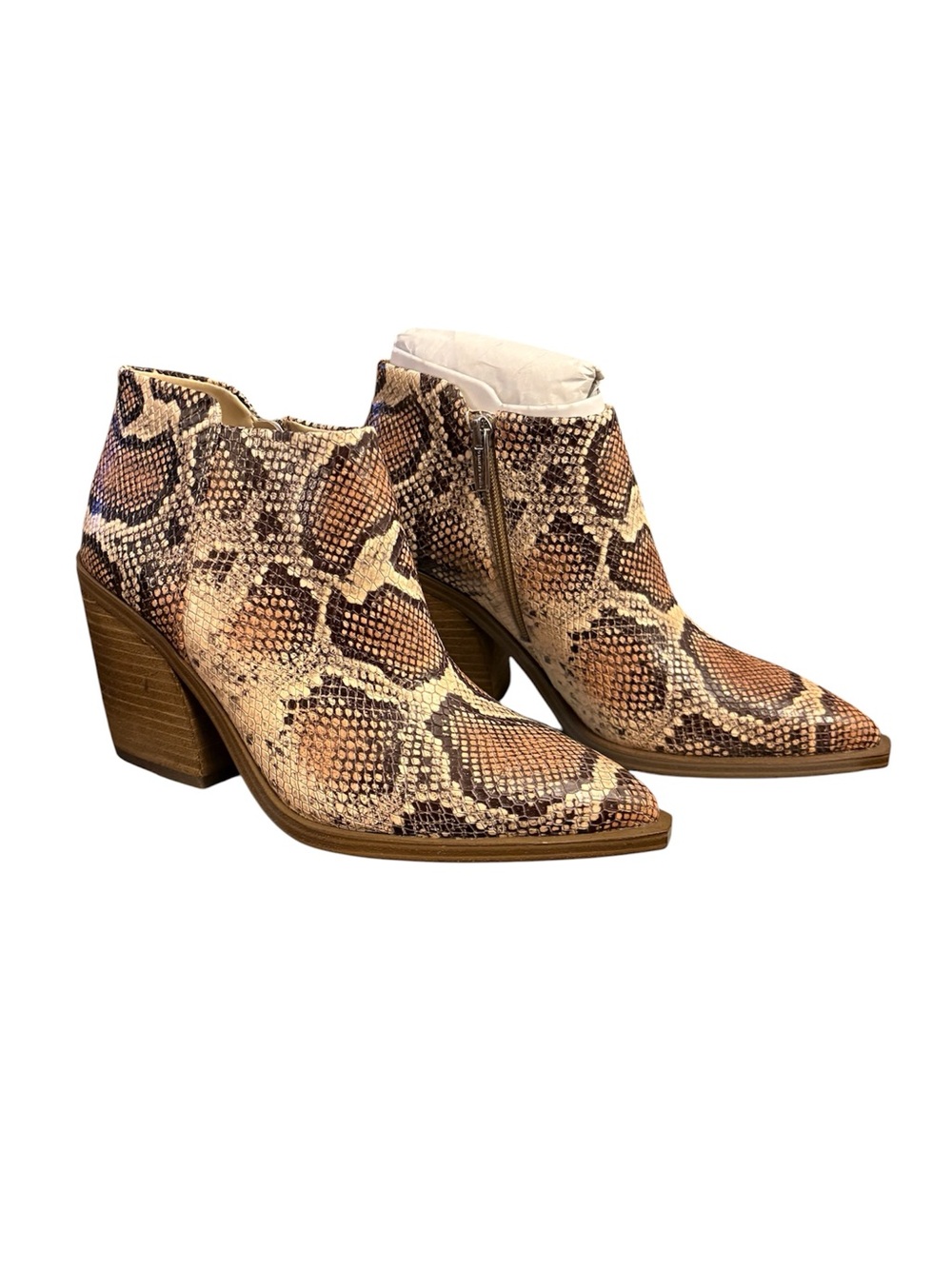 Vince Camuto Snake-Print Pointed Ankle Booties in Brown/Cream